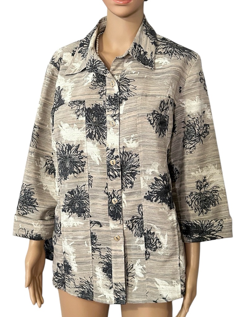 Drapers & Damons Women’s Size Large Button Down Taupe Floral Glittery Top